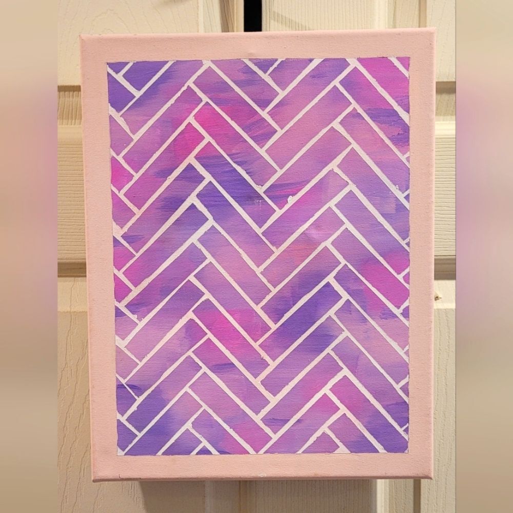 Handmade acrylic pink and purple herringbone pattern 11 x 14 canvas